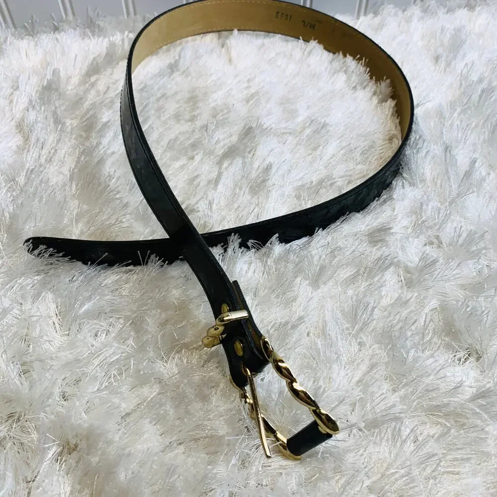 Black Patent Leather Belt Vintage Medium Large Gold Buckle